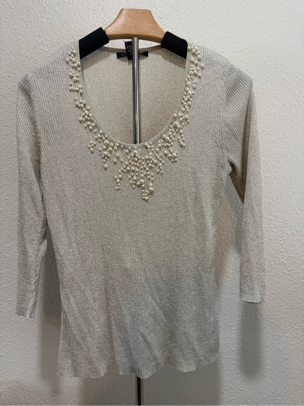 august silk Cream Pearl-Embellished Long Sleeve Scoop Neck Top